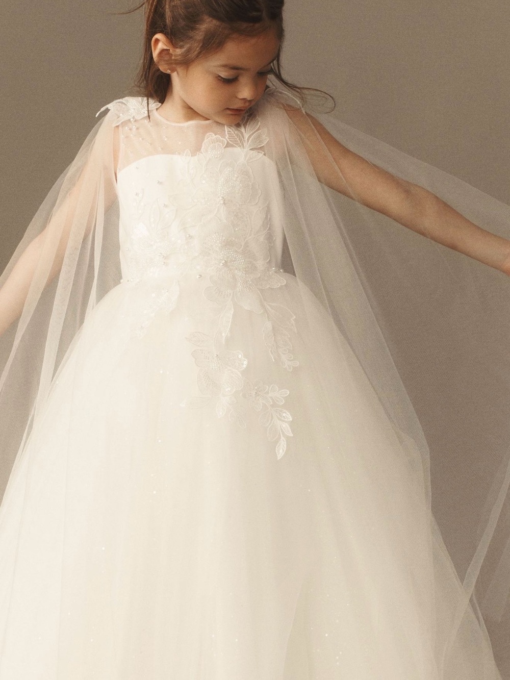 Princess Daliana Sofia Lace Floral Appliqué Tulle Flower Girl Dress